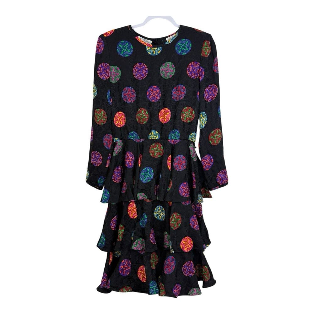 Vintage Oleg Cassini He-Ro Industries Silk Tiered Midi Dress Womens Size 8 Multi
